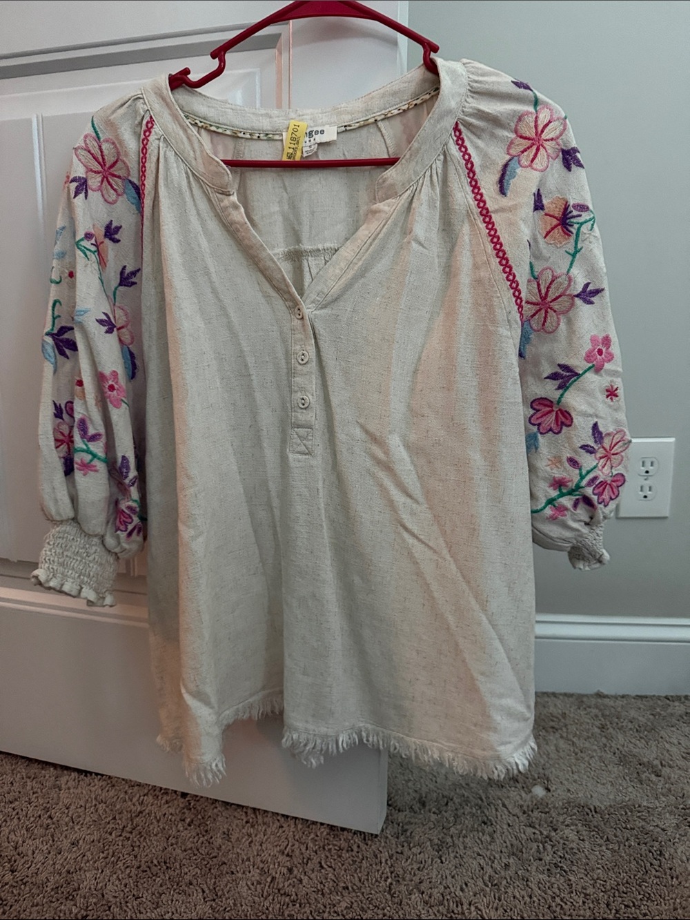Umgee Cream Tunic with Pink & Purple Floral Embroidery